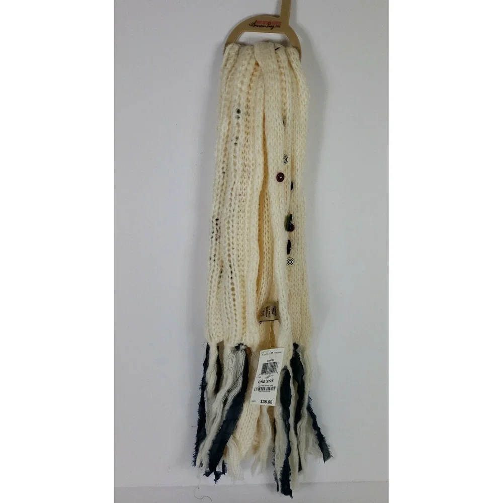 Unique American Rag Scarf w/ Fringe & Buttons Ivory w/ Blue Ribbon Winter - E1